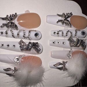 Elegant White and Nude Nail Set with Rhinestones